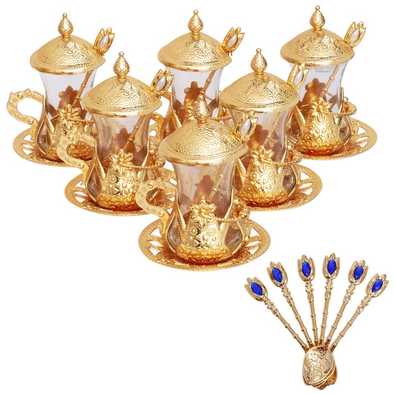 Alisveristime Handmade Turkish Tea Glass Set - Traditional Turkish Motifs, Set of 6 with Lids and Bonus Tea Spoons (Gold) - Image 1